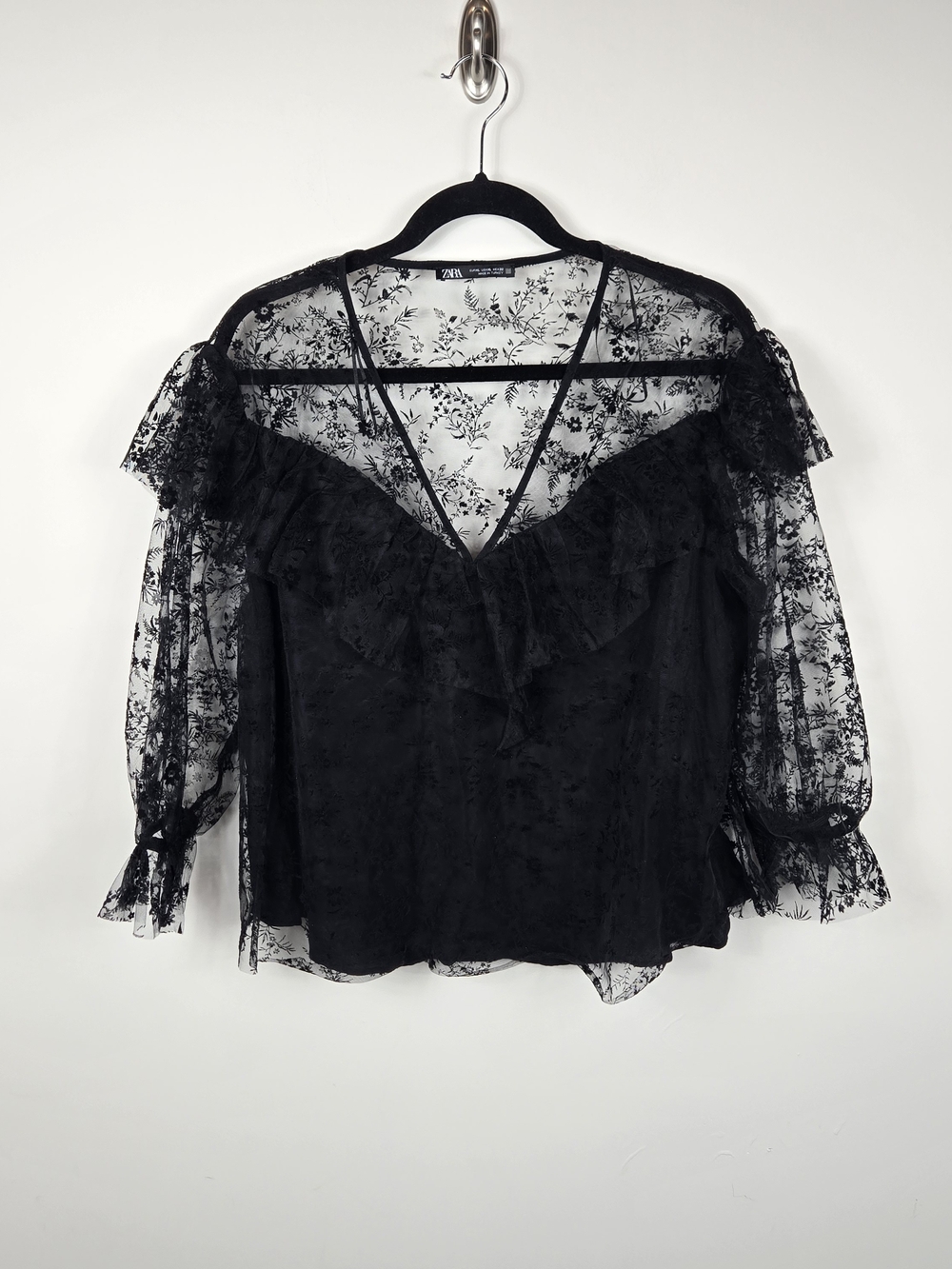 Zara XL Black Velvet Burnout Floral Mesh Ruffle Blouse Sheer Whimsigoth Goth